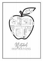 Construction drawing in apple silhouette, living room, bathroom, kitchen, bedroom with lettering natural inspiration drawing on white background.
