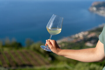 glass of white wine in hand with ocean and vineyard in the background