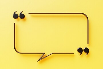 Quotation mark with copy space on yellow background, Black quote box frame 3d illustration.