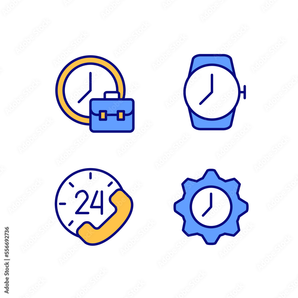 Wall mural keep track of hours pixel perfect rgb color icons set. working hours. wrist watch. round-the-clock s