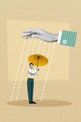 Collage photo of young guy wear gentleman costume suspenders hold yellow waterproof parasol protect against rain isolated on beige background © deagreez