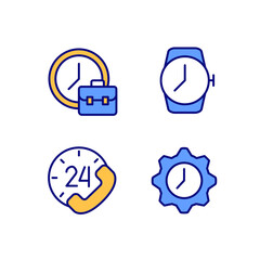 Keep track of hours pixel perfect RGB color icons set. Working hours. Wrist watch. Round-the-clock support. Isolated vector illustrations. Simple filled line drawings collection. Editable stroke