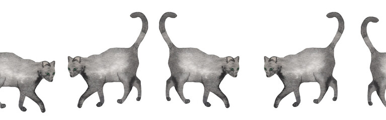 Watercolour illustration banner with cats. Hand painted water color graphic drawing on white background, isolated clip art elements for design, banner, frame.