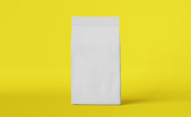 White matte pouch bag coffee beans tea take away food cosmetics product 3D rendering modern design yellow background. Merchandise packaging promo. Blank pack template. Shop sale discount demonstration