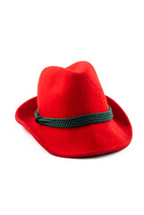Felt Tyrolean hat on white. Ocktoberfest Bavarian red hat.