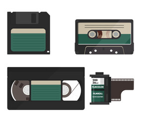 audio cassette isolated on white, Set retro technology object. Vintage vector black engraving illustration