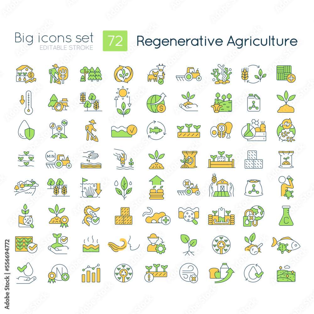 Wall mural Regenerative agriculture RGB color icons set. Ecologically safe farming. Nature conservation. Isolated vector illustrations. Simple filled line drawings collection. Editable stroke