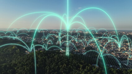 Internet Connection by Satellites. Smart City Hologram Information Arches Forming During Network...