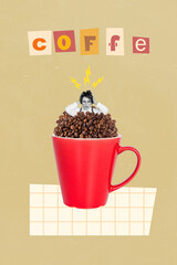 Vertical collage illustration of black white gamma girl inside big coffee beans cup isolated on...
