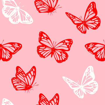 Red and white outline Butterflies. Beautiful nature flying insects. Butterfly silhouettes. Hand drawn modern Vector illustration. Square seamless Pattern. Pink Background, wallpaper
