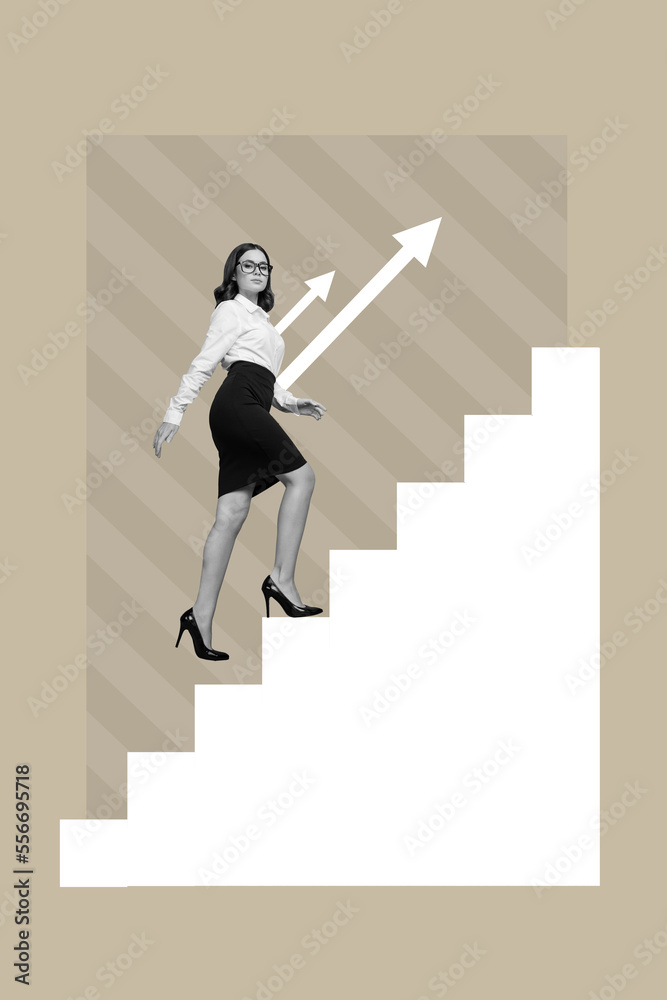 Poster collage 3d image of pinup pop retro sketch of purposeful lady walking up career stairs isolated pain