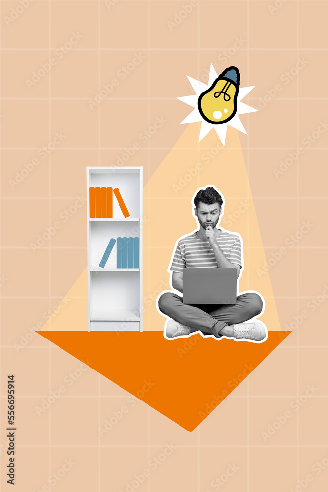 Poster Collage 3d image of pinup pop retro sketch of smart clever guy working apple samsung device isolated painting background