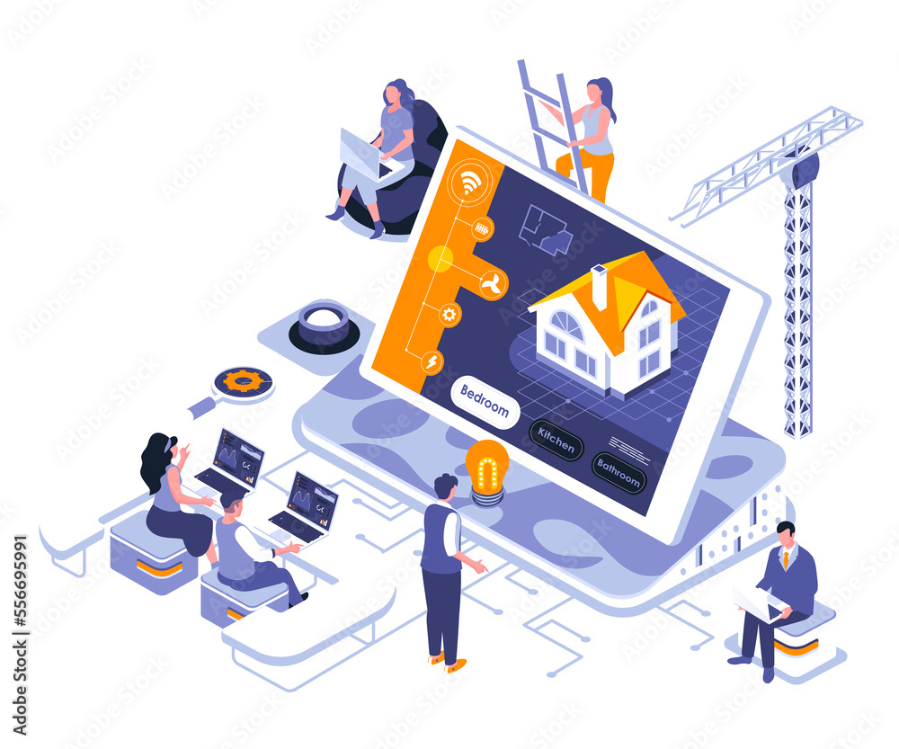 Aufkleber Smart home landing page template. Automated house control system website header UI layout with isometric illustration. Wireless controller on tablet display web banner isometry concept