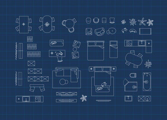 Construction drawing furniture icons for living room, bathroom, kitchen, bedroom drawing on blue background.