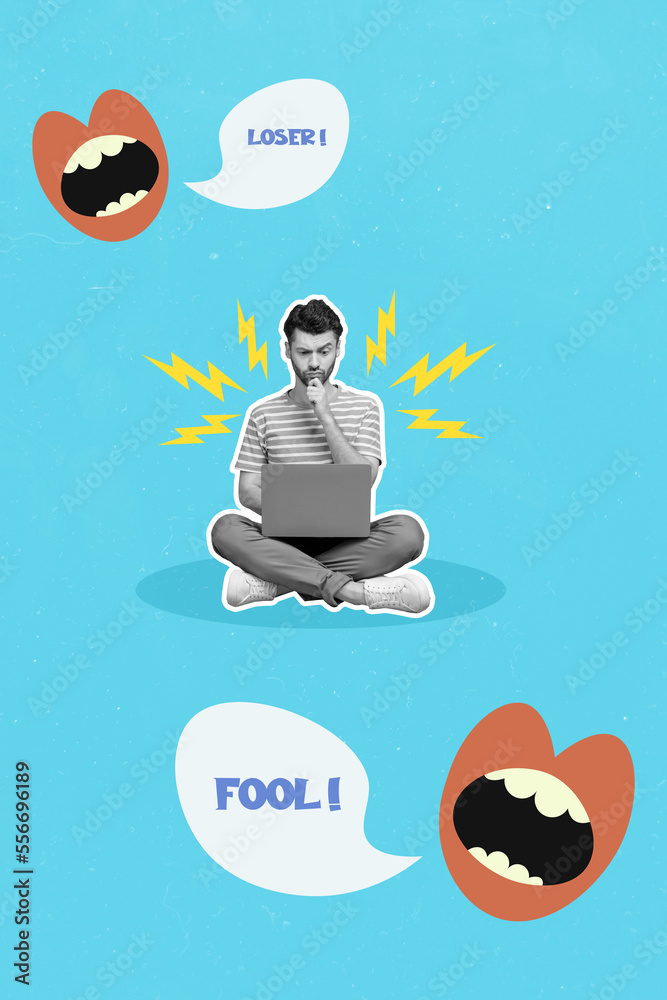 Aufkleber photo sketch collage graphics artwork picture of depressed guy getting hate messages modern device i