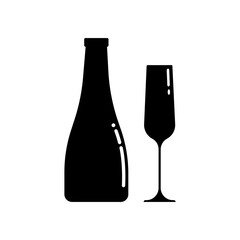 Set of alcohol bottle and glass silhouettes. Vector clip art isolate on white. Simple minimalist illustration in black color.