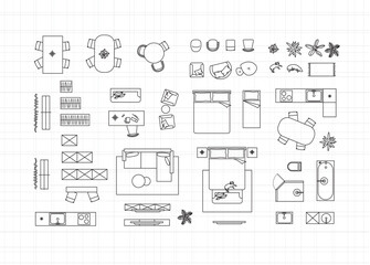 Construction drawing furniture icons for living room, bathroom, kitchen, bedroom drawing on white background.