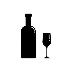 Set of alcohol bottle and glass silhouettes. Vector clip art isolate on white. Simple minimalist illustration in black color.
