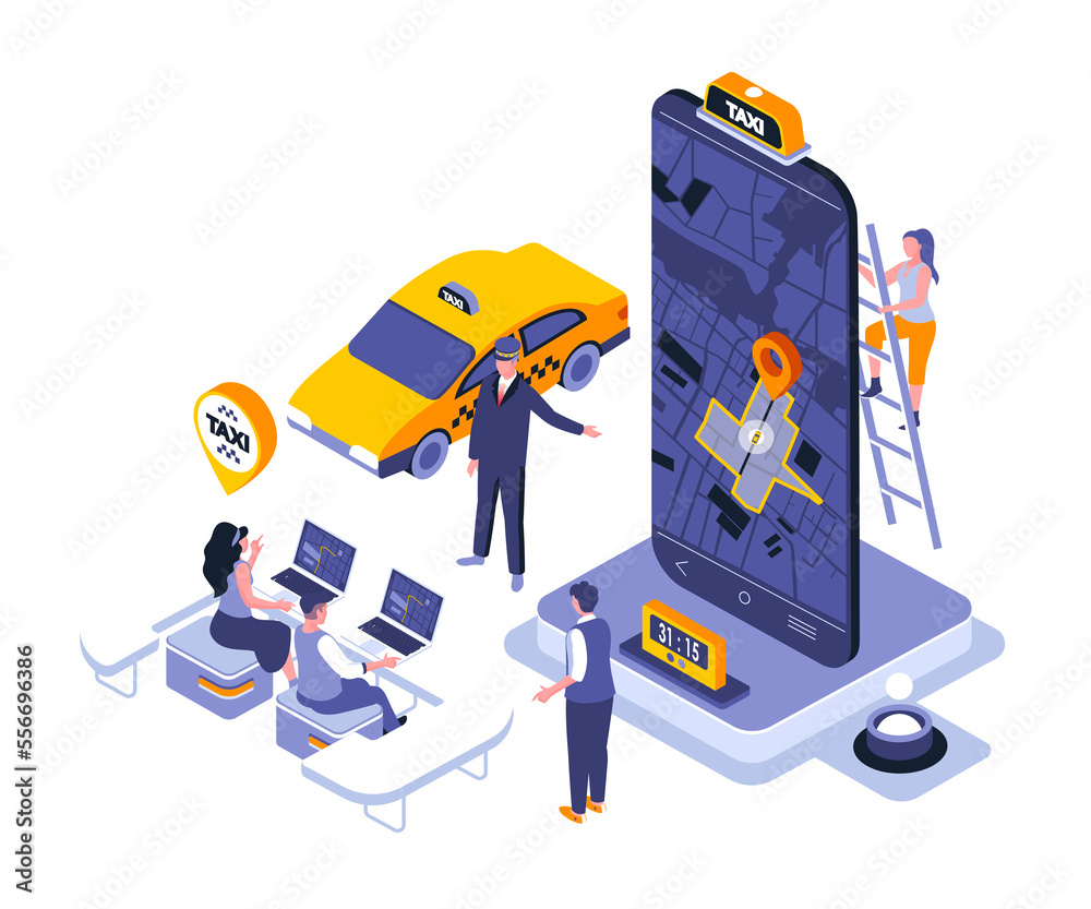 Leinwandbilder taxi service landing page template. urban transport call website header ui layout with isometric ill