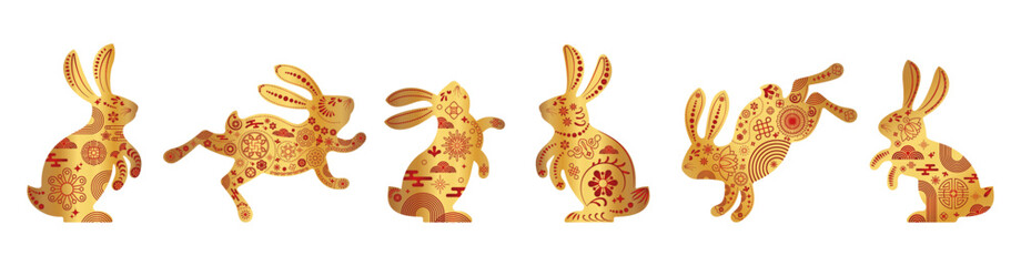 Gold lunar zodiac rabbit. Cute bunny icon.