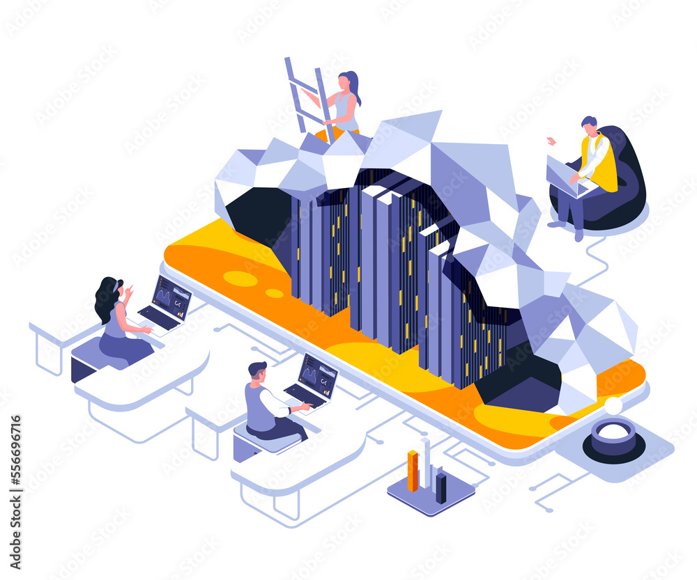 Aufkleber Cloud computing landing page template. Data and info storage website header UI layout with isometric illustration. Database server, hosting infrastructure web banner isometry concept