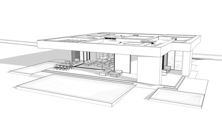 3d rendering of new concrete house in modern style with pool and parking for sale or rent and beautiful landscaping on background.  Black line sketch with soft light shadows on white background.