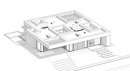 3d rendering of new concrete house in modern style with pool and parking for sale or rent and beautiful landscaping on background.  Black line sketch with soft light shadows on white background.