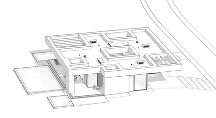 3d rendering of new concrete house in modern style with pool and parking for sale or rent and beautiful landscaping on background.  Black line sketch with soft light shadows on white background.