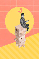 Photo collage minimal picture of impressed guy sitting tower chatting twitter telegram facebook...