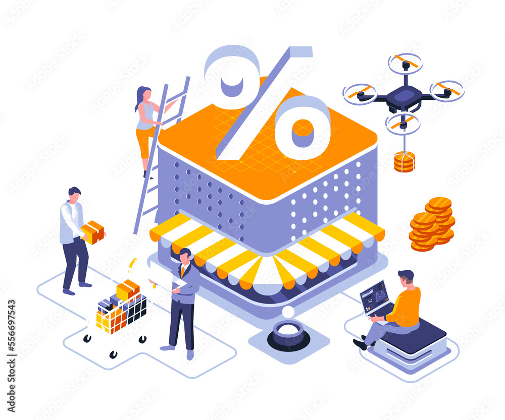 Aufkleber discounts of goods landing page template. seasonal price reduction website header ui layout with iso