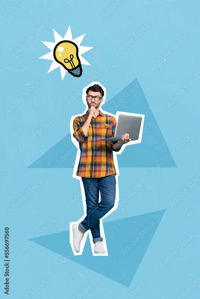 Poster 3d retro abstract creative collage artwork template of guy working twitter telegram facebook isolate