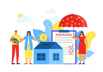 Obraz na płótnie Canvas Family property house insurance, vector illustration. Flat business service for finance care protection, woman agent character save couple house