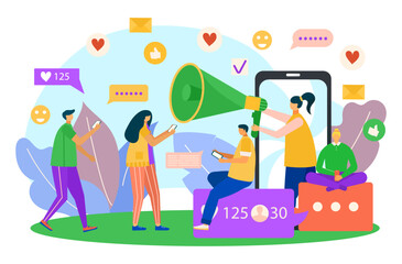Smartphone addiction in social media, vector illustration. Man woman people character use mobile network at flat phone, get likes online.