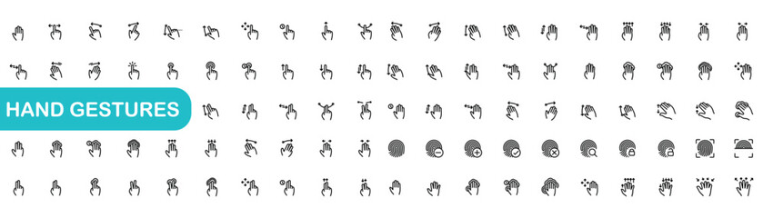 Hand gestures line icon set. Included icons as fingers interaction, pinky swear, forefinger point, greeting, pinch, hand washing and more. Lines with editable stroke
