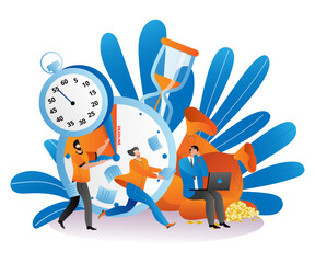 Time management with business deadline clock concept, vector illustration. Man woman person manager run near work timer, busy hours background.