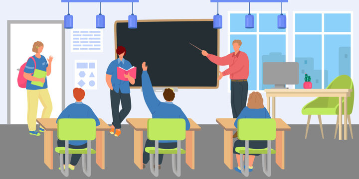 Teacher at lesson, student children study for education, vector illustration. School class with blackboard for boy girl child character.