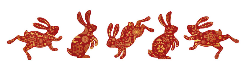 Obraz premium Red cute bunny. Rabbit icon. Zodiac animals with traditional Chinese pattern