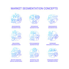 Market segmentation blue gradient concept icons set. Divide in groups. Target audience idea thin line color illustrations. Isolated symbols. Roboto-Medium, Myriad Pro-Bold fonts used