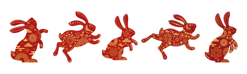 Lunar zodiac rabbit. Cute bunny icon. Animals with traditional Chinese pattern.