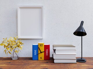 Blank poster frame glued to white wall above study table ledge, mockup, 3d render
