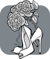 Beautiful vector composition. High heels shoes decorated with rose flowers. Wedding style invitation, fashion poster, postcard print, shoe shop logo design, shopping sale promotion. Hand drawing.