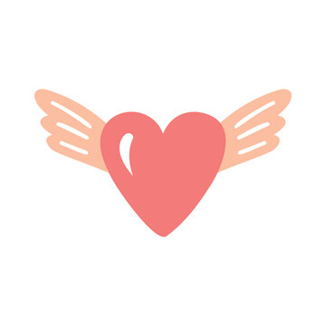 Cute vector red heart with wing clipart. Hand drawn doodle illustration. 