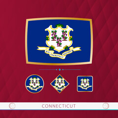 Set of Connecticut flags with gold frame for use at sporting events on a burgundy abstract background.