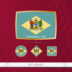 Set of Delaware flags with gold frame for use at sporting events on a burgundy abstract background.