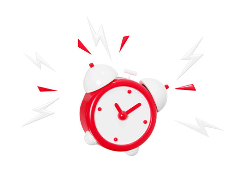 Clock alarm 3d render - jumping and ringing red and white watch with lightning around for deadline or awake concept. Flying timepiece that counts down time to beginning or end of event.