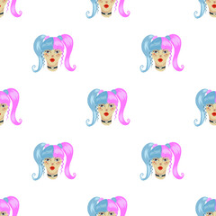 E girl illustration of a girl with pink and blue hair, red lips. There are red hearts on the cheeks under the eyes. Seamless pattern for fabric, textile, wrapping paper.