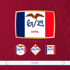 Set of Iowa flags with gold frame for use at sporting events on a burgundy abstract background.