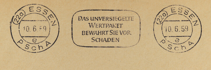 post letter mail brief frankierung slogan werbung papier paper vintage retro stamp briefmarke text wertpaket bewahrt vor schaden essen 1959