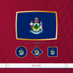 Set of Maine flags with gold frame for use at sporting events on a burgundy abstract background.