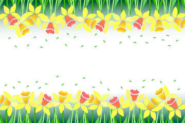 Yellow daffodils frame on white background. Hand drawn narcissus flowers. Early spring. Sketch vector illustration